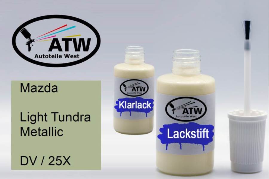 Mazda, Light Tundra Metallic, DV / 25X: 20ml Lackstift + 20ml Klarlack - Set, von ATW Autoteile West.